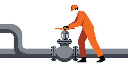 Vibrant vector illustration of an industrial worker controlling an oil pipeline valve