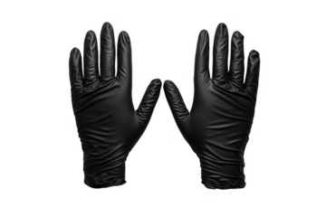 A pair of black latex gloves presented on a transparent background for various medical uses