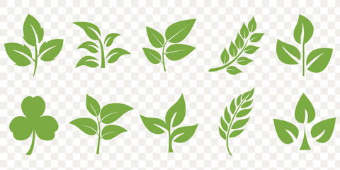 Leaf sprout icon vector set, green leaves plant eco logo symbol simple graphic illustration set, vegan fresh herb pictogram shape sign, organic natural healthy logotype image clip art. eps 10