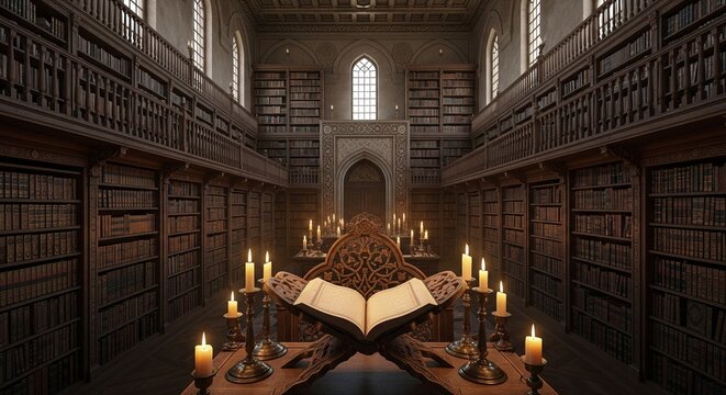 Sacred Quran on Wooden Stand with Islamic Library Interio