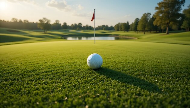a golf ball rests perfectly on the meticulously mowed green,the flagstick a vibrant punctuation mark in the distance with the rolling fairways and a serene pond visible under a soft,diffused sky.