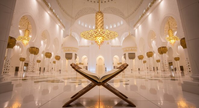 Sacred Quran on Traditional Rehal in Stunning Mosque Interior