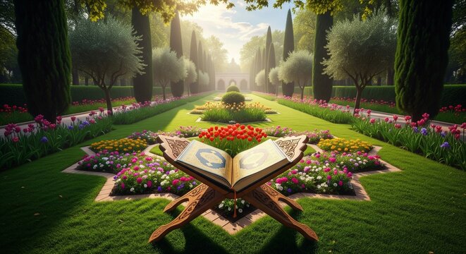 Quran on Traditional Stand in Grassy Field with Sunlight