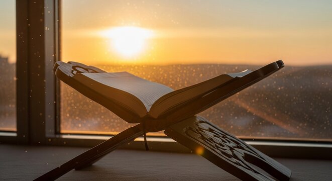 Holy Quran Book with Beautiful Sunset Light by Window