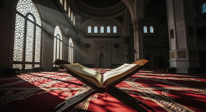 Ultrawide shot of the Holy Quran in a mosque