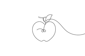 Minimal continuous one line drawing of apple fruit with leaf on white background perfect for modern design