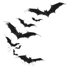 Group of flying bats in silhouette, white isolated bg