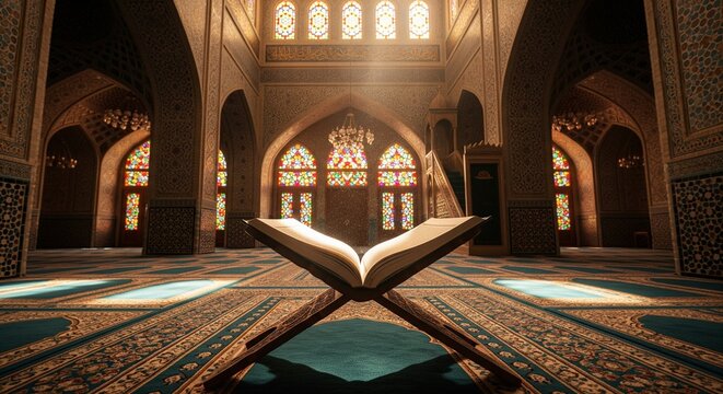 Ultrawide shot of the Holy Quran in a mosque