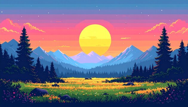 Vibrant Pixel Art Landscape: Golden Sunset over Majestic Mountains, Evergreen Forest, and Wildflower Meadow at Twilight - Powered by Adobe