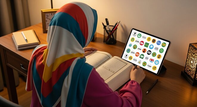 Muslim Girl in Hijab taking Quran Class online on tablet