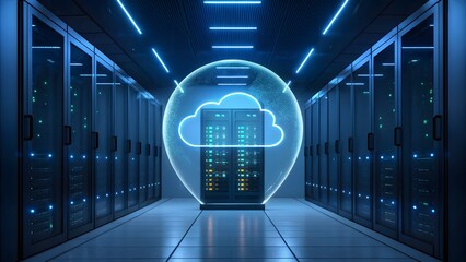 Cloud computing server room with data center storage and futuristic technology concept