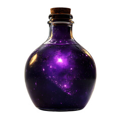 Halloween potion bottle glowing purple, white isolated bg