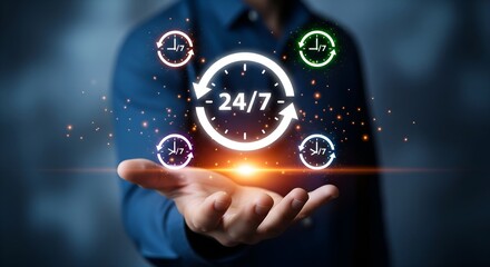Man holding glowing 24 7 service icon with circular arrows and clock symbols