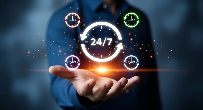 Man holding glowing 24 7 service icon with circular arrows and clock symbols