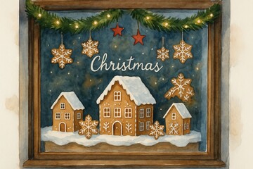 Watercolor festive bakery window display with gingerbread houses and snowflake cookies. concept of christmas holiday decor, winter celebration, festive ambiance.