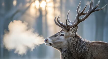 Majestic Red Deer stag with large antlers breathing in the cold winter air, creating a visible plume of steam at sunrise.