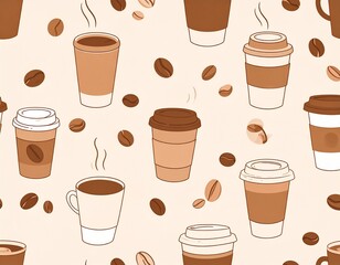 Seamless vector pattern featuring coffee cups, coffee beans, takeaway cups, and steam icons. Flat minimalist style with warm neutral colors (brown, beige, cream). Clean lines and simple shapes, arrang