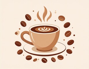 Vector illustration of a steaming coffee cup with coffee beans around it. Minimalist flat design with warm neutral colors (brown, beige, cream). Clean lines, simple geometric shapes, and aesthetic com