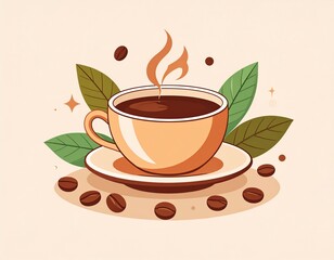 Vector illustration of a steaming coffee cup with coffee beans around it. Minimalist flat design with warm neutral colors (brown, beige, cream). Clean lines, simple geometric shapes, and aesthetic com