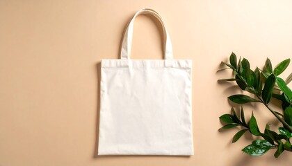 Plain white tote bag on beige background with green leaves