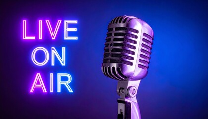 Vibrant neon 'LIVE ON AIR' text illuminating a retro metallic microphone, symbolizing the energetic world of broadcasting, digital media, and audio recording