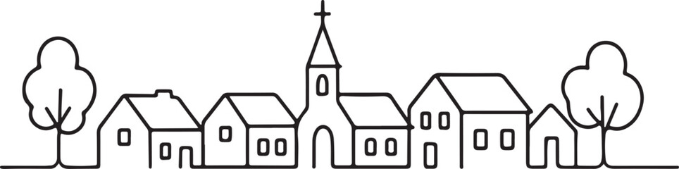 Simple Line Drawing of Village Houses Church and Trees town buildings