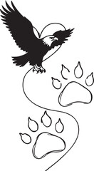 Eagle love design with heart-shaped tail, paw prints, and flying eagle silhouette — wildlife illustration in outline style