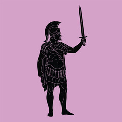 Silhouette of an ancient warrior wearing armor and helmet holding a sword raised against a purple background