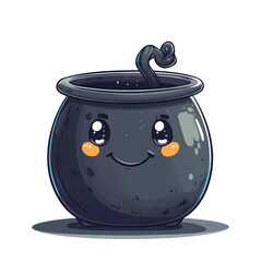 Kawaii cauldron with happy face, white isolated bg