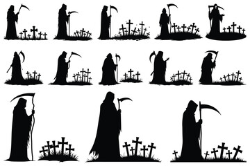 Grim reaper figures with scythes and gravestones silhouettes