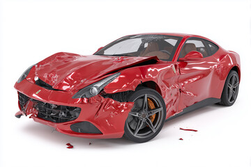 Damaged red sports car with smashed front and shattered windshield on white background