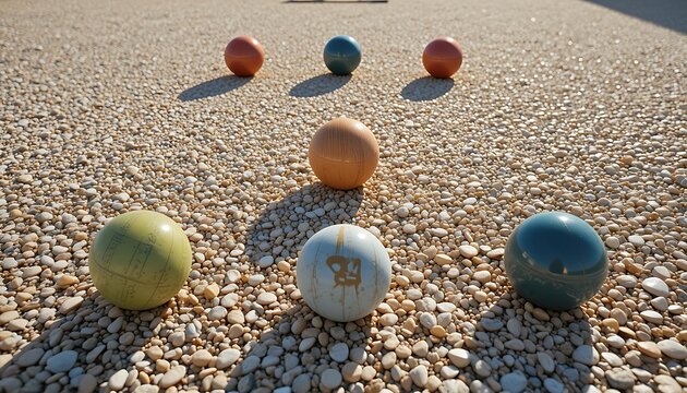 a arranged set of polished bocce balls rests on the crushed oyster shell court,the pallino positioned strategically with the soft afternoon light casting gentle shadows and highlighting the texture