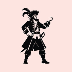 Naklejka premium Illustration of a confident pirate wearing traditional attire with a feathered hat and a hook hand standing boldly