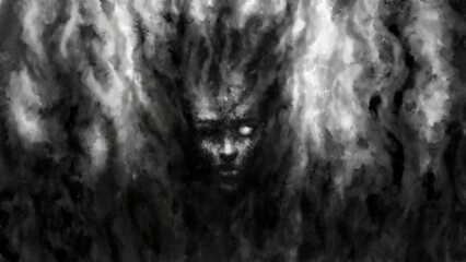 Evil witch demon 2D illustration. Horror and fantasy genre. Terrifying visions of hell. Halloween ghost image. © likozor