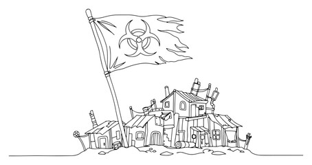 Obraz premium Quarantine Zone Biohazard Flag over Ruined Town Illustration
