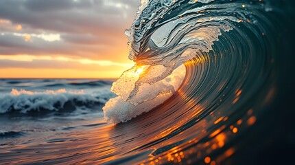 Hyper Realistic Ocean Wave in Sunset Light, Perfect for Posters, Flyers, and Websites