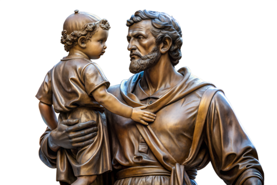 Timeless classical bronze sculpture of a bearded father tenderly holding his young child, an artistic representation of fatherhood and paternal love