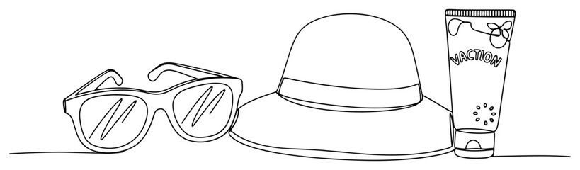 Summer Vacation Accessories Sunglasses Sun Hat and Sunscreen black shape vector laser cutting engraving monochrome print