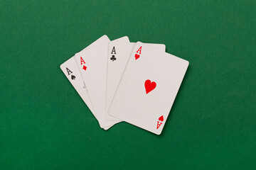 Playing cards on color background, top view. Casino card game