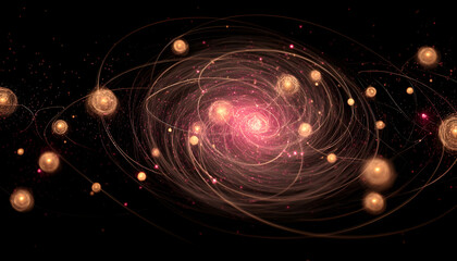 Obraz premium Swirling pinkish-red particle cloud forming golden lines and spherical nodes in virtual space
