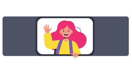 Stylized flat vector of girl waving from train window with vibrant colors