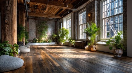 Industrial style interior with plants and wooden flooring