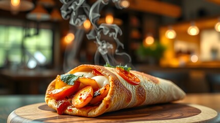 Ultra Realistic 8K Close-Up of Crispy Pizza Roll with Vegetables, Steam Rising, Food Photography