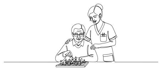 Caregiver Assisting Senior Playing Chess Line Art