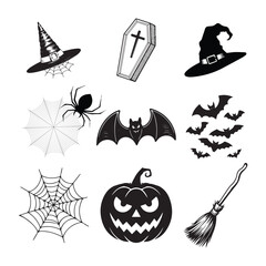 Spooky Halloween Icon Set vector – Witch Hat, Coffin, Spider, Web, Bat, Pumpkin, Broom & Flying Bats

