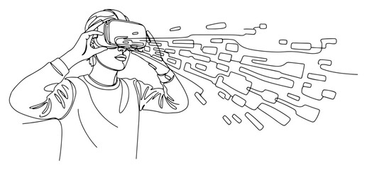 One Line Person Using VR Headset with Data Stream Vector Illustration