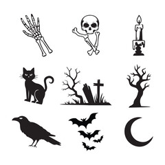 Fototapeta premium Spooky Halloween Icon Set vector – Skeleton Hand, Skull, Candle, Black Cat, Graveyard, Raven, Bats, Moon & Haunted Tree
