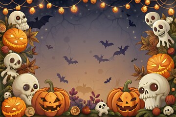 Spooky halloween scene with pumpkins skulls and bats