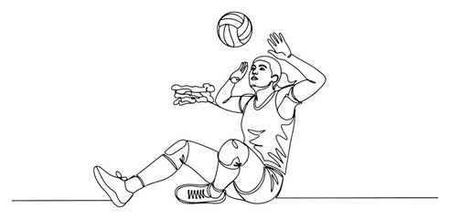 One Line Sitting Volleyball Player Receiving Ball Vector Illustration