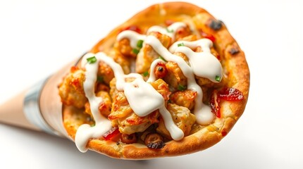 Close-up of cone pizza with cheese and chicken for food banners and social media posts